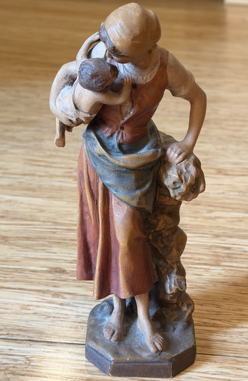 Hand Carved Wooden Mother and Baby Child Figurine 9.5” Tall Loving Family