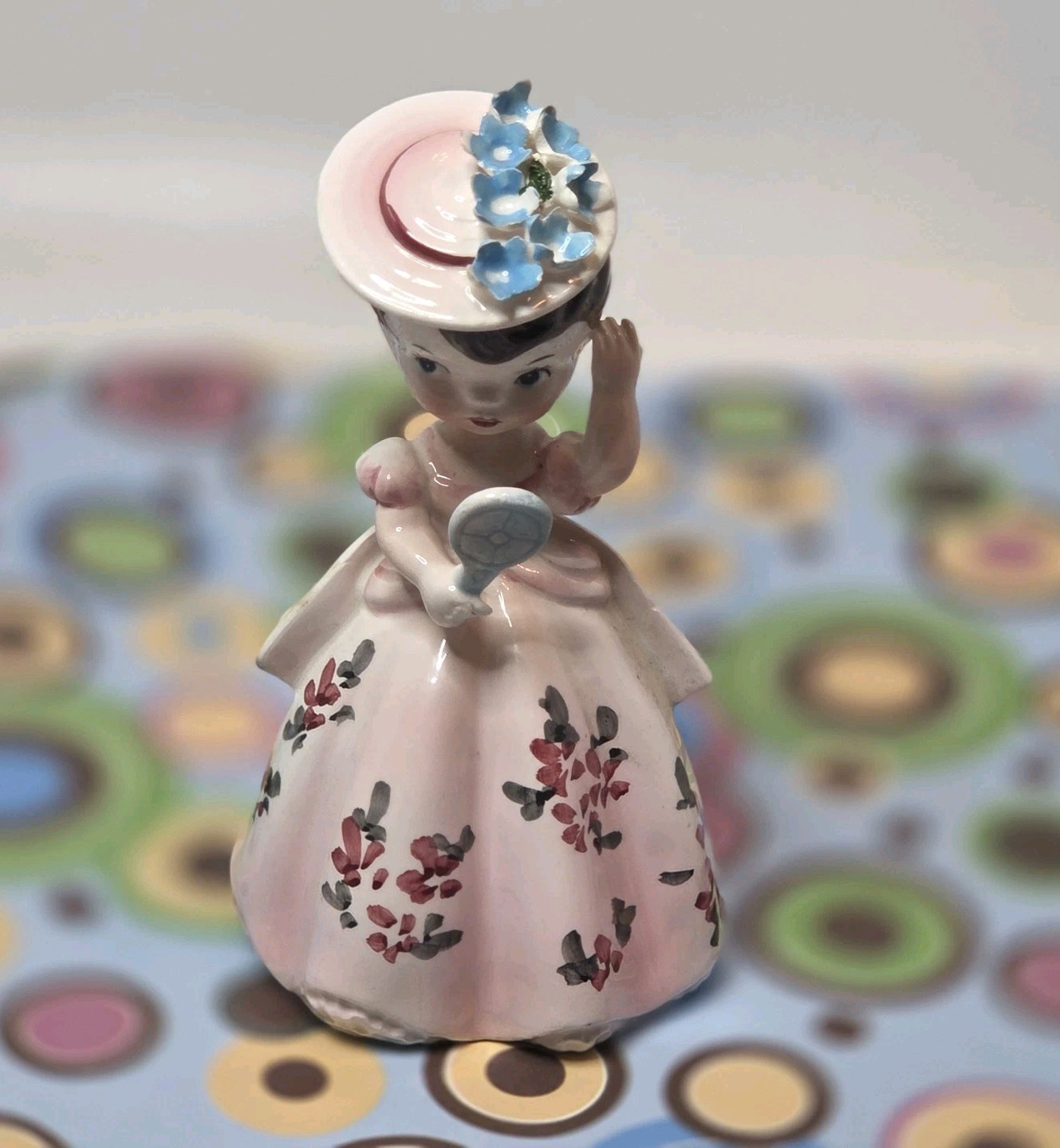 Vtg Lefton Girl Figurine Pink Dress Mirror Flower Hat Ceramic 1448 4.75″ READ