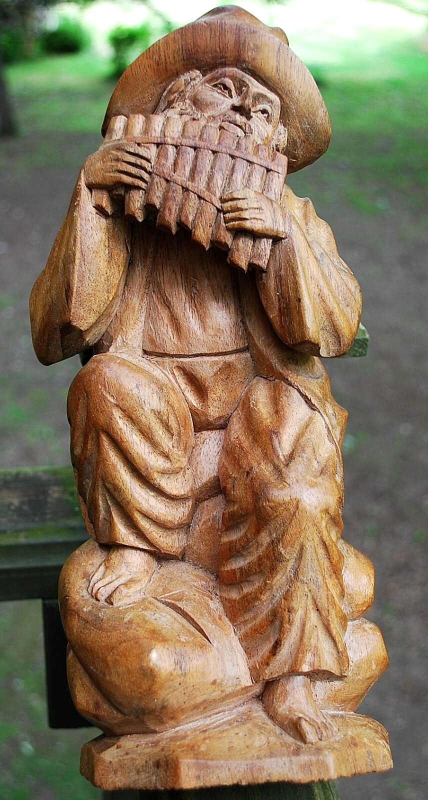 Antique BLACK FOREST GERMANY Hand Carved Wood Sculpture MAN PLAYING PAN PIPES