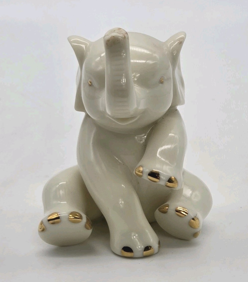 Lenox Sitting Baby Elephant Figurine Trunk Up 24k Gold Trim 2.75″ Tall