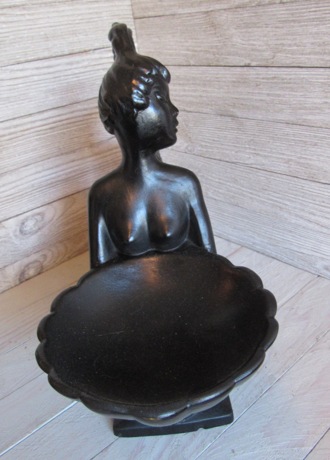 Vintage Black Matte Ceramic Royal Haegar Mermaid Figurine #514 w/ Bowl MCM