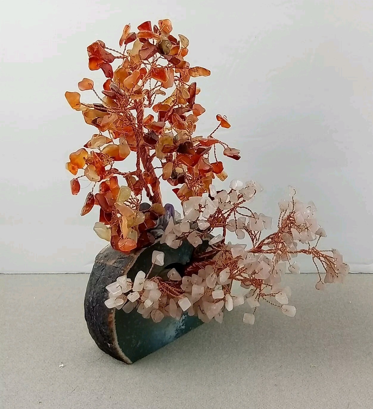 Rose Quartz & Carnelian Leaf Geod Stone Base Copper Wire Bonsai Tree Loaded Vtg