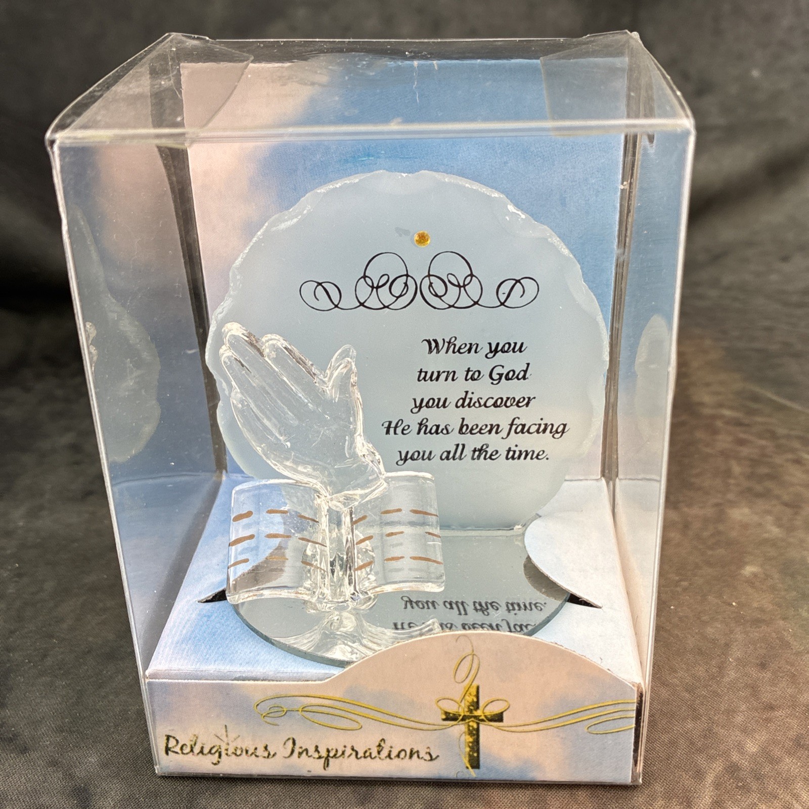 Religious Inspirations Quote, Praying Hands Bible Figurine On Mirrored Glass 4”