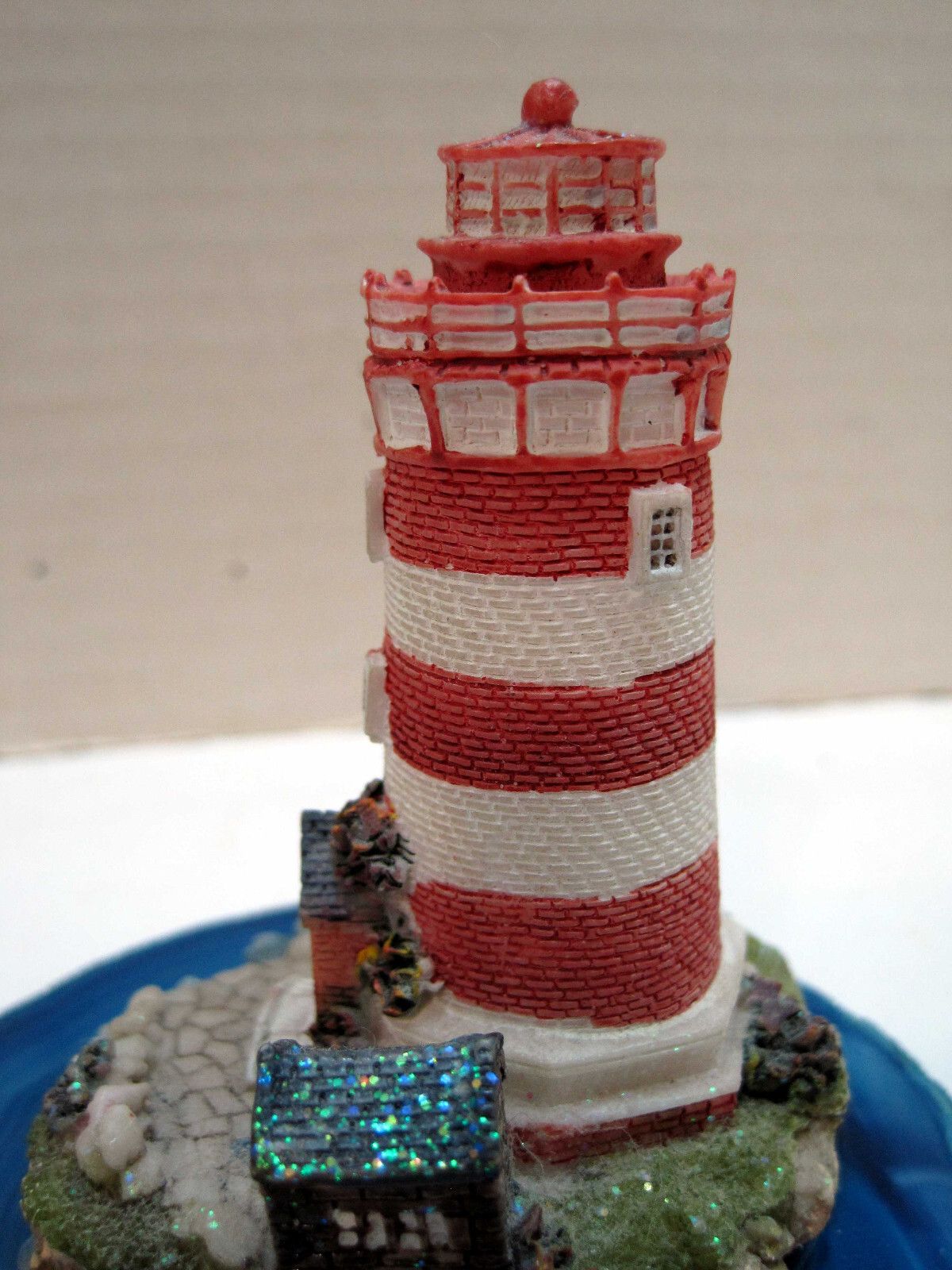 Vintage Lighthouse On Ocean Blue Agate Stone Base Hand Painted Made in Brazil