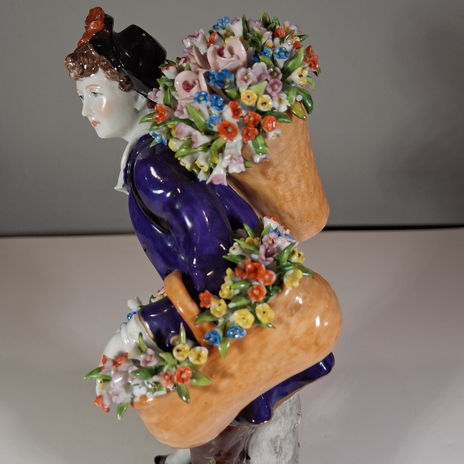 Antique Sitzendorf German Porcelain Flower Seller Figurine – Blue Crown over “S”