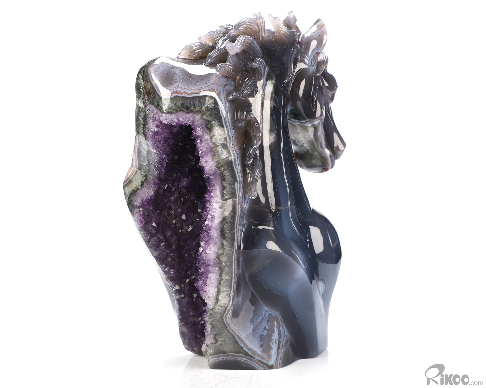 9.8″ Agate Amethyst Geode Hand Carved Crystal Horse Sculpture, Crystal Healing