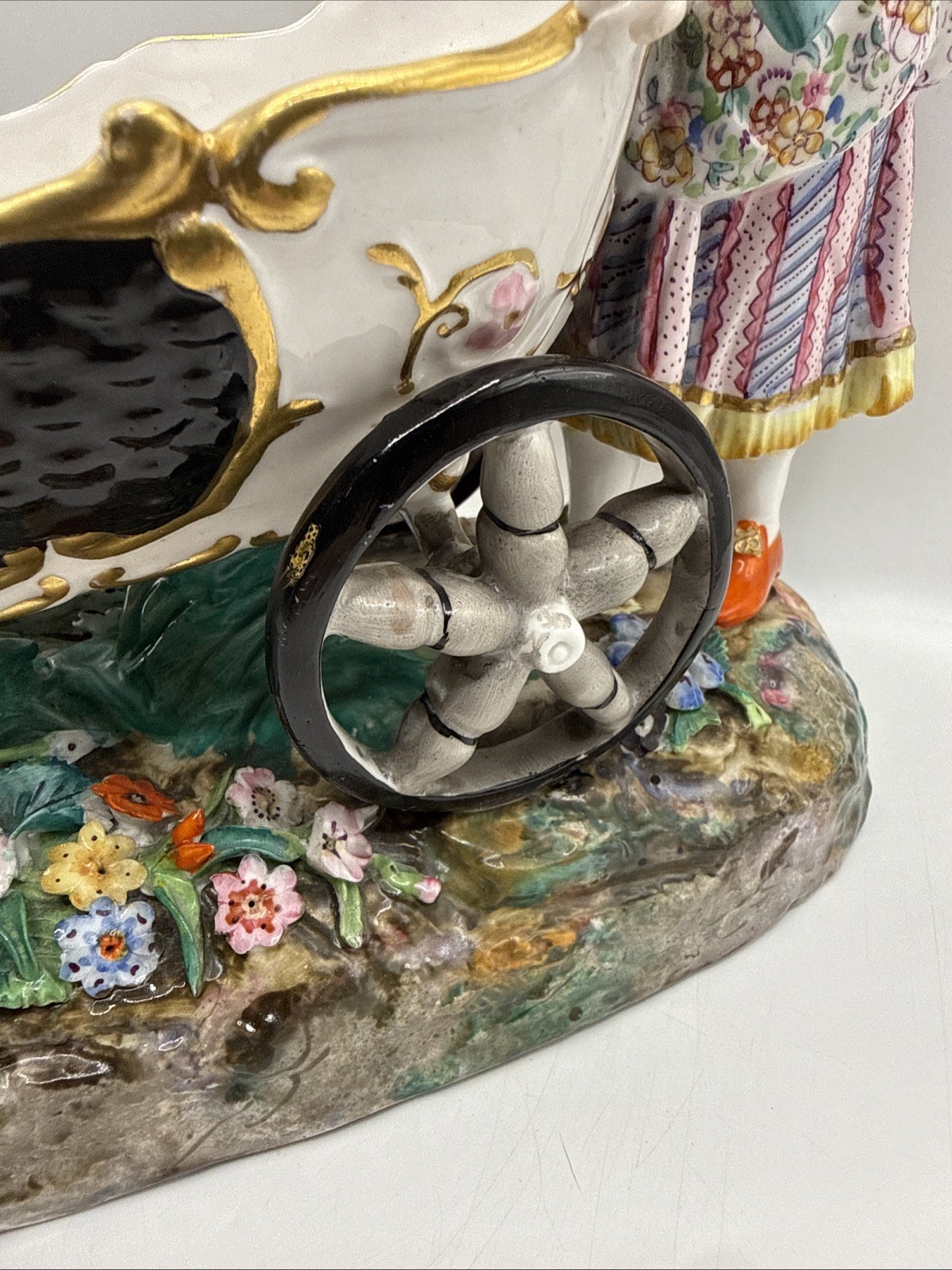 Antique 1880-90 Hand Painted Sitzendorf Porcelain Figure Flowers Wheel Barrow