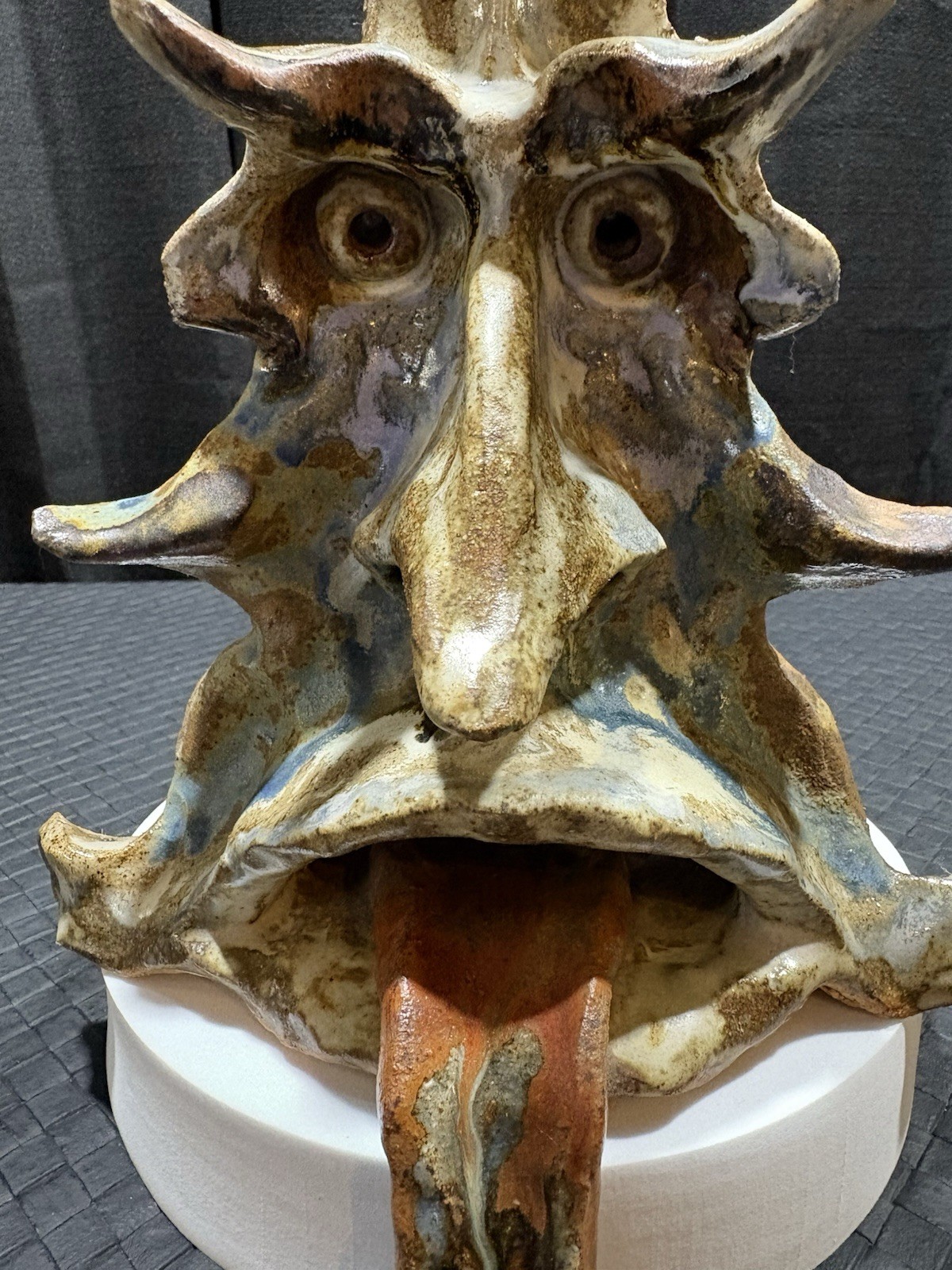 Vintage Terracotta Mystical Face Sculpture Gothic Signed Pottery Ledge/Shelf Art