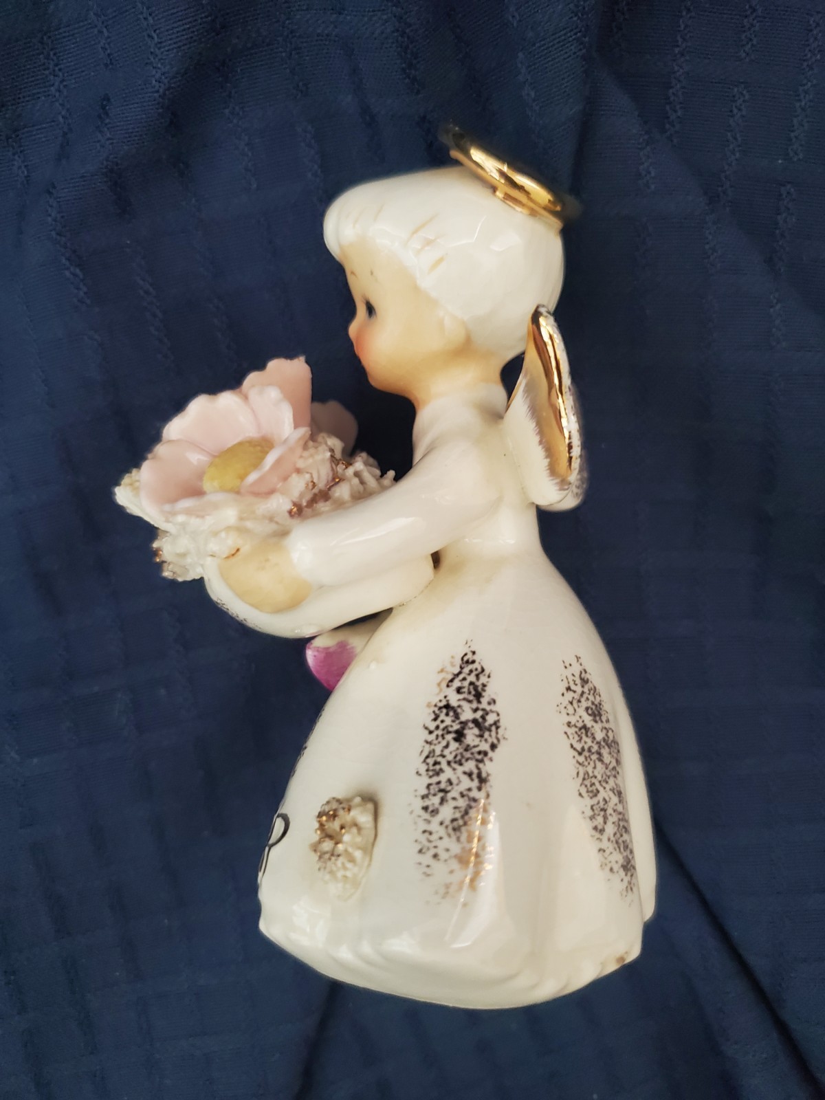 Vintage Lefton 50s Birthday Angel Figurine October Spaghetti Trim Cosmos Zircon