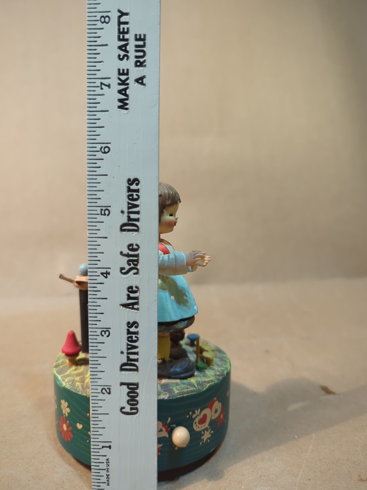 Vintage ANRI Wooden Rotating Music Box Carved Girl Squirrel TALK TO THE ANIMALS