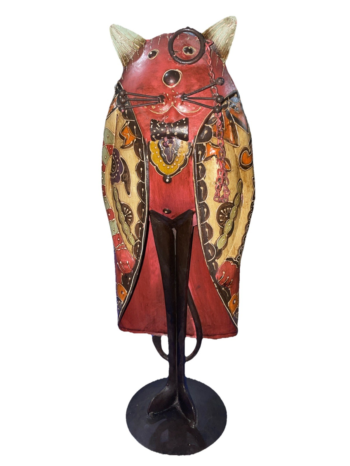 Metal Cat Sculpture 18” Tall 3D Style Whimsical Cat With Monocle Hand painted