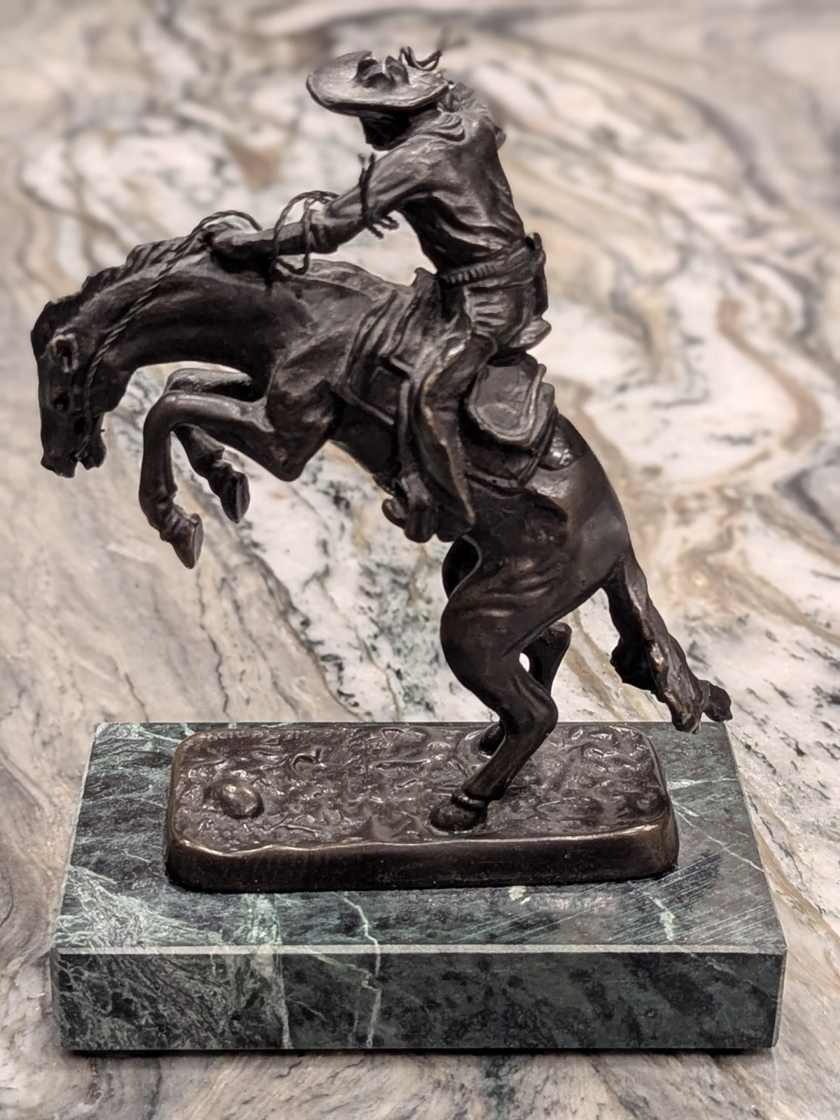 Andrea by Sadek Rearing Horse Cowboy Sculpture Marble Base 6” Bronze