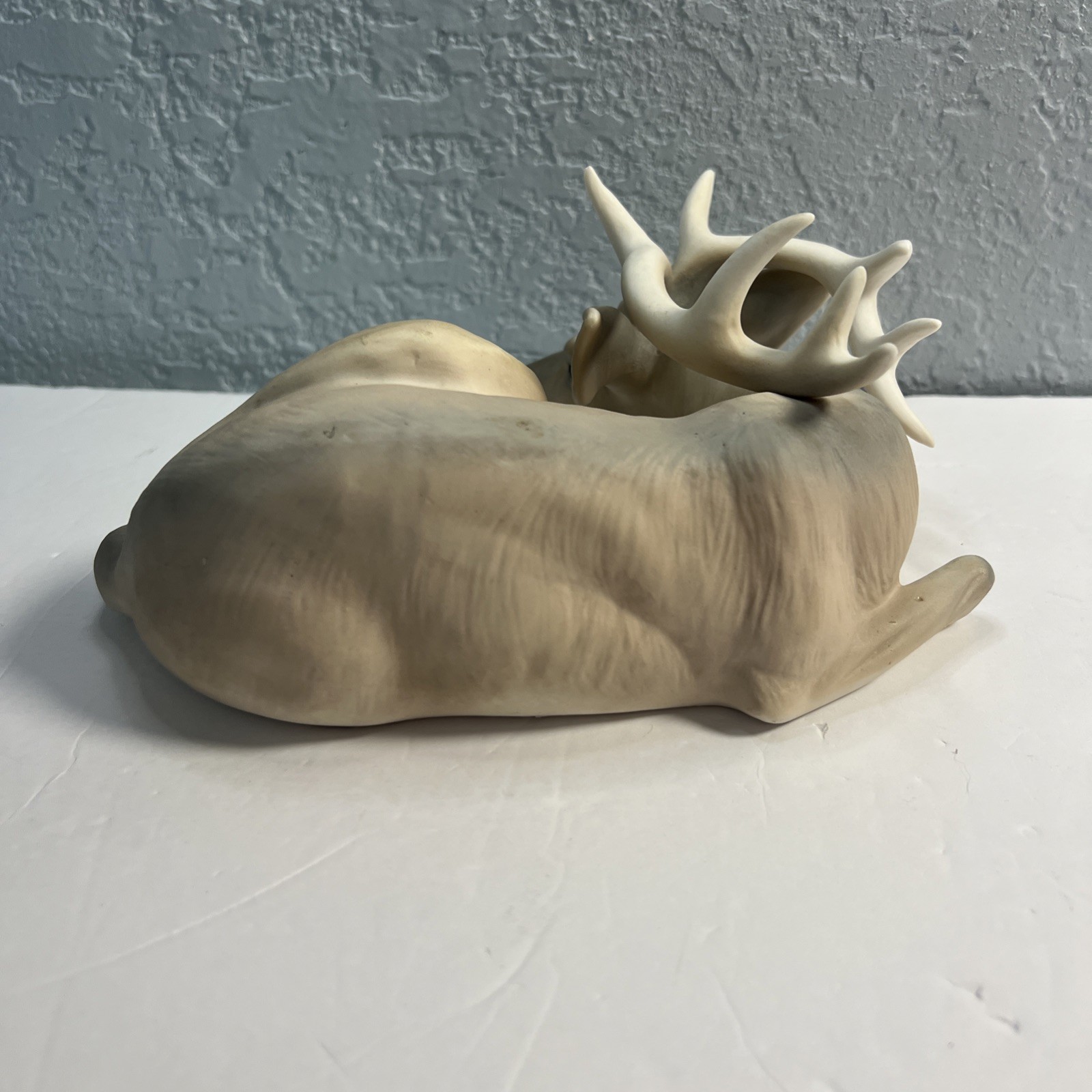 Vintage Antlered Deer Porcelain White Washed Figurine 9″x6″