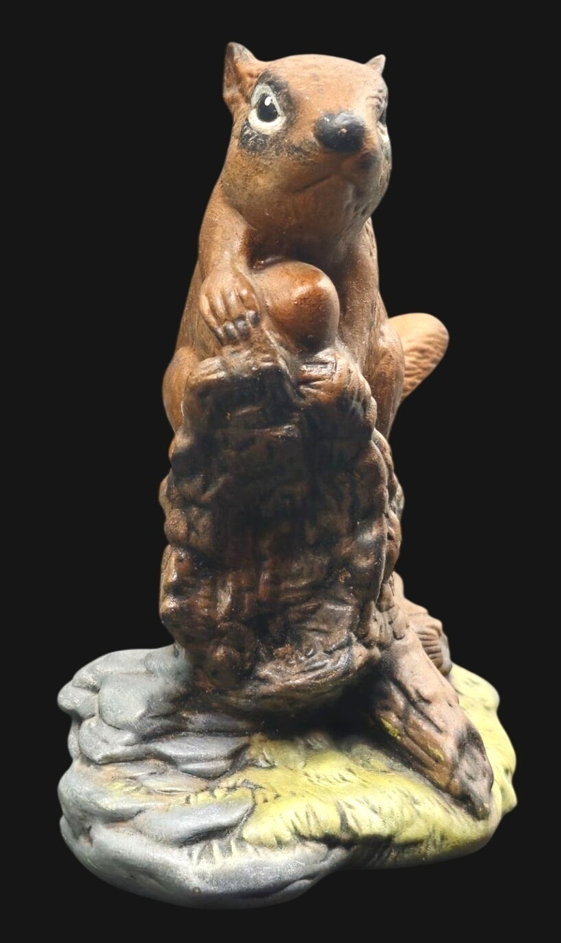 Ceramic Chipmunk On Log Woodland Decor Hand Painted Statue Rustic Wildlife