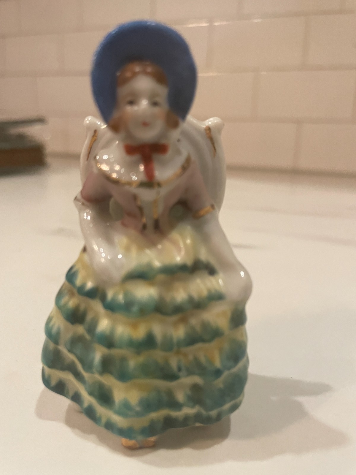 VTG Ceramic Victorian Woman Sitting On Chair String Holder Japan 3” broke leg