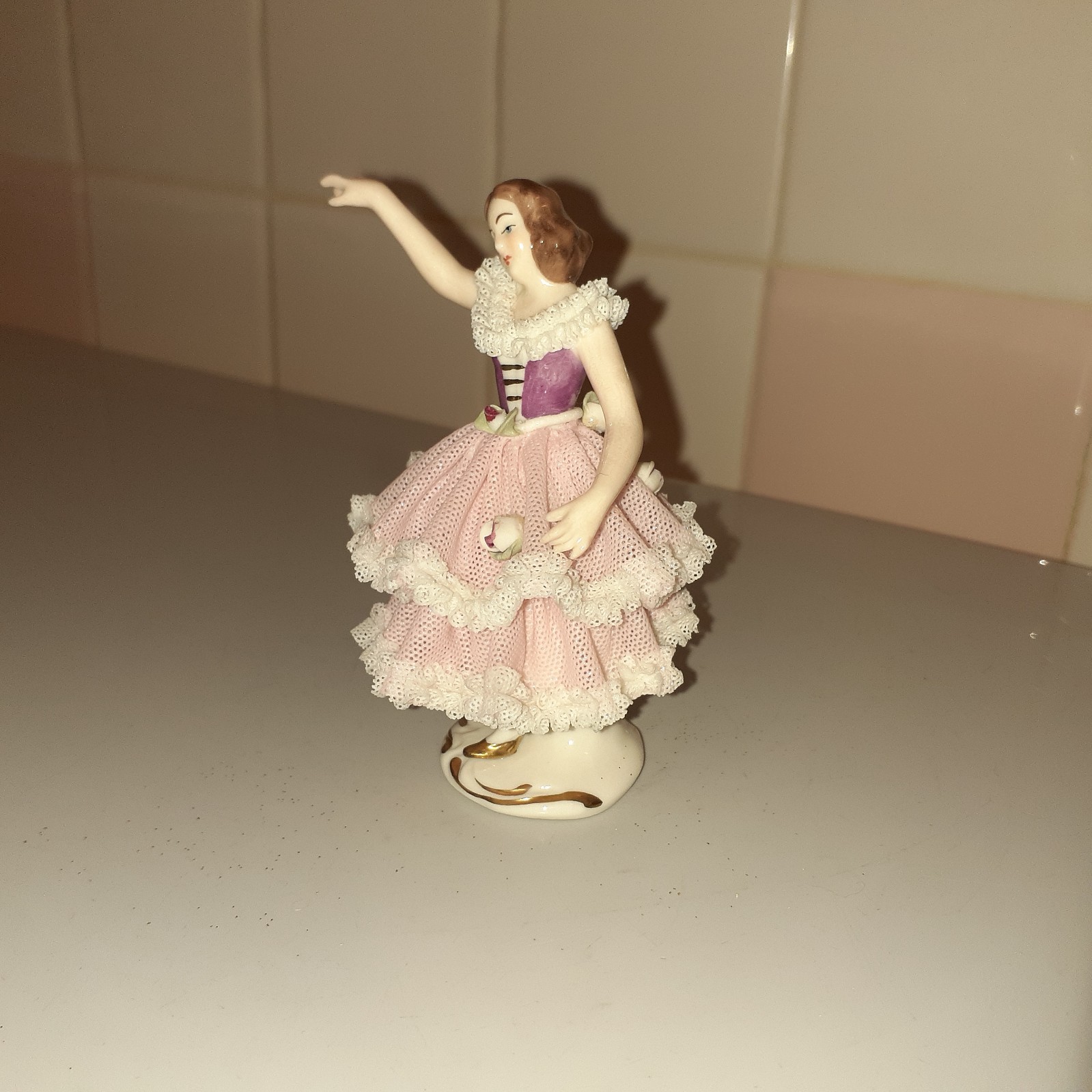 Vintage Dresden Germany Porcelain Lace Lady Figurine 3.7″ tall x 2.6″ x 2.2″