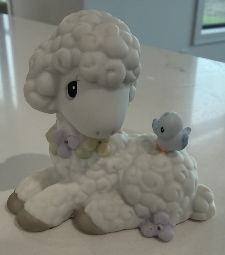 Precious Moments Porcelain Figurine Sheep w/ Blue Bird Farm Animals 1998