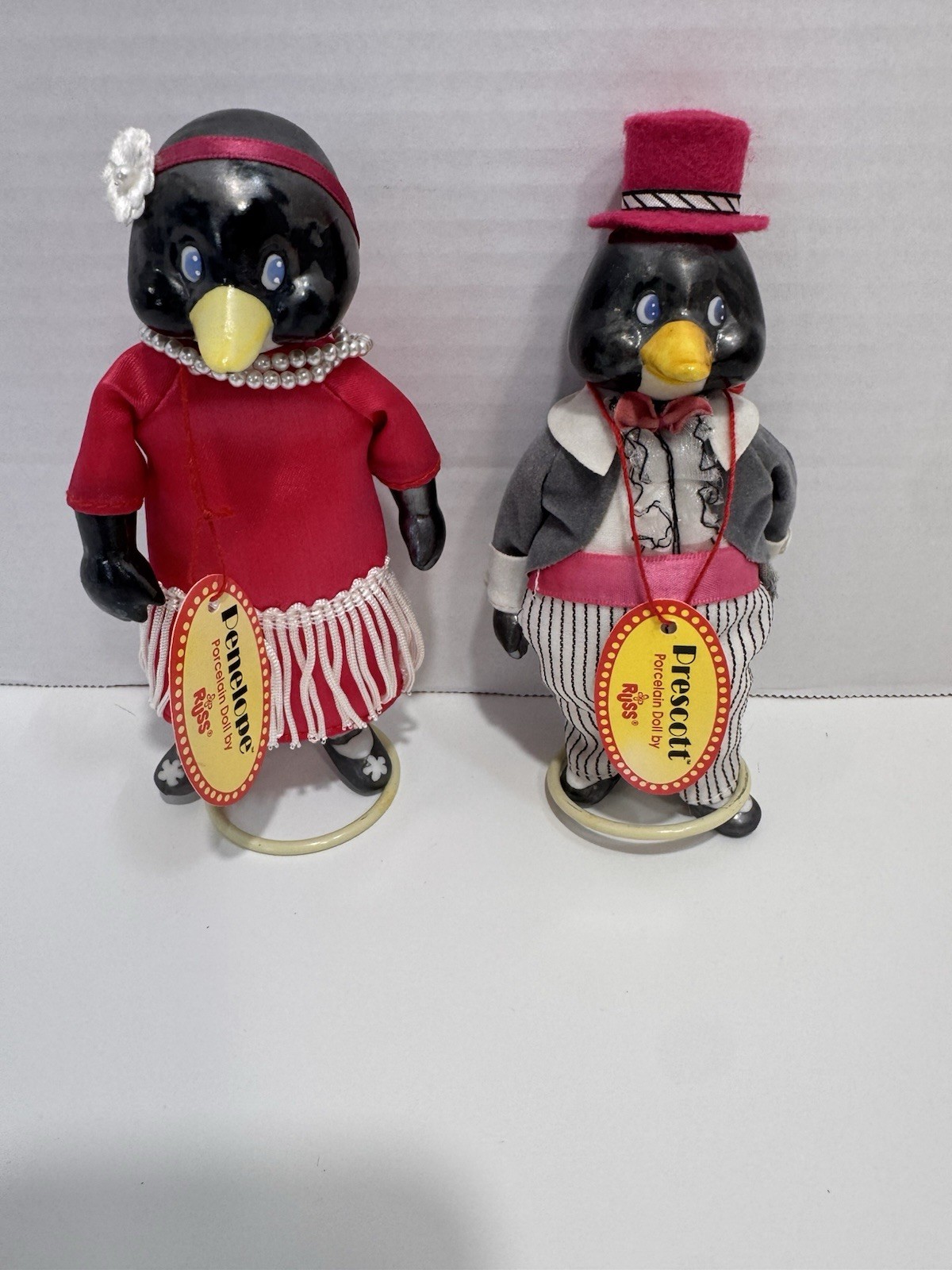 Russ Porcelain Dolls Penguins Penelope 1679 & Prescott 1678 Figure With Stands