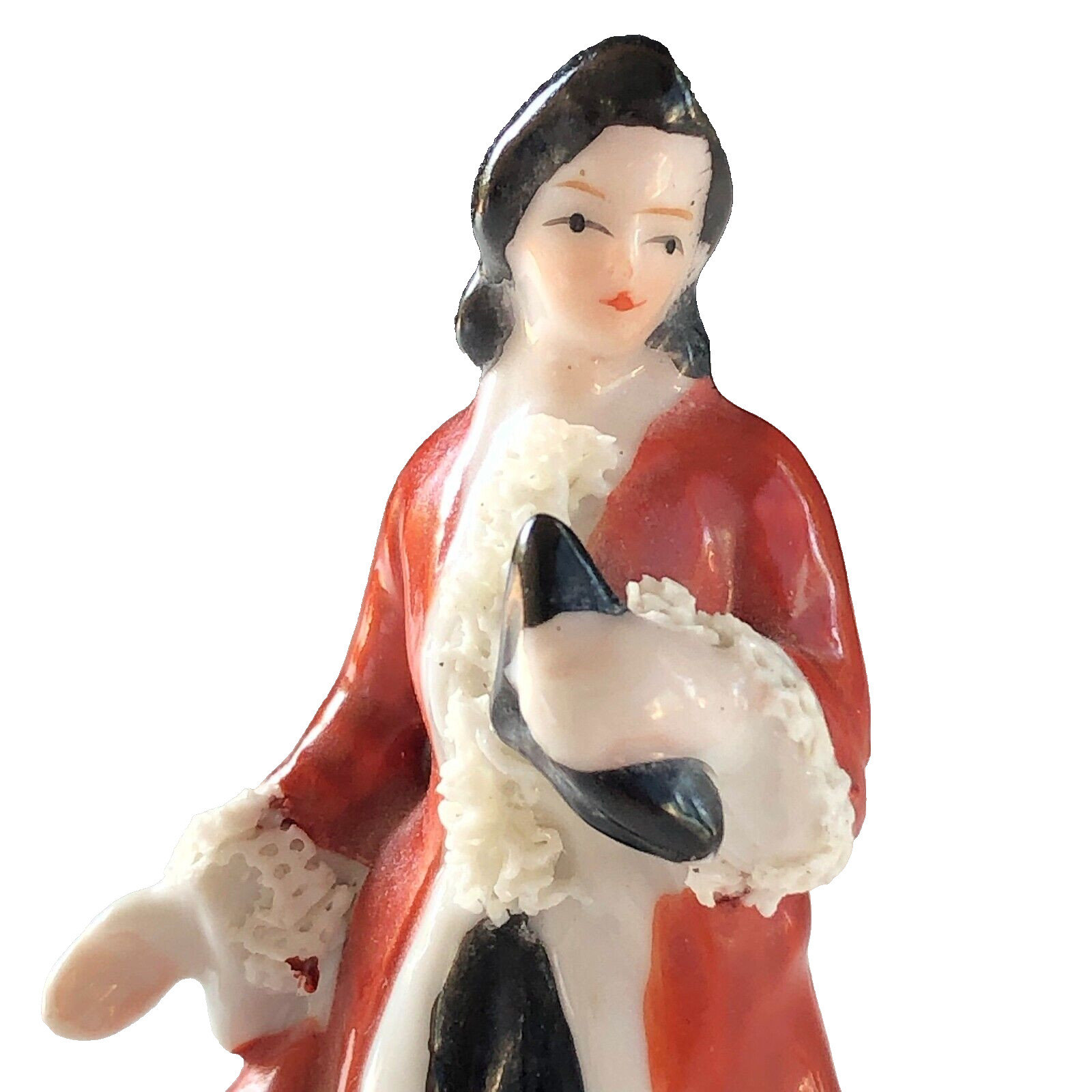 French Red Coat Gentleman Figure Spaghetti Trim Hand Painted Japan 3 3/4″ C244