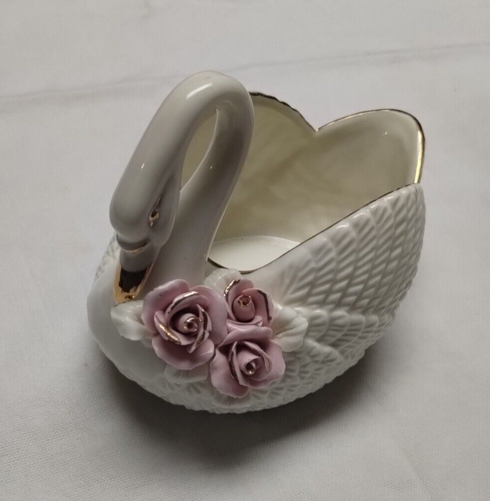 Swan with Pink Roses Hand Painted Gold Trim Beautiful Tray Bird Trinket Dish