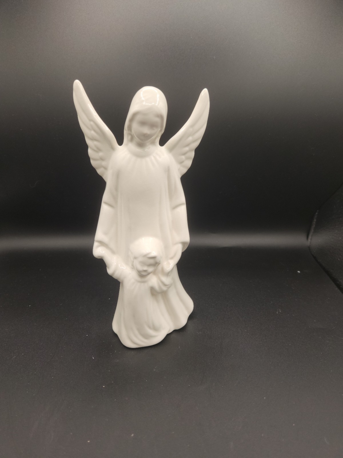 Vintage Ceramic Glazed Guardian Angel & Child 8” White Creative Kreations