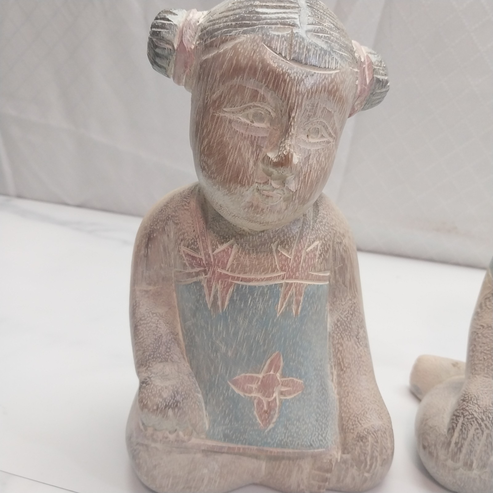 Handcarved handpainted Lucky Babies wood sculptures boy girl set of 2 Thailand