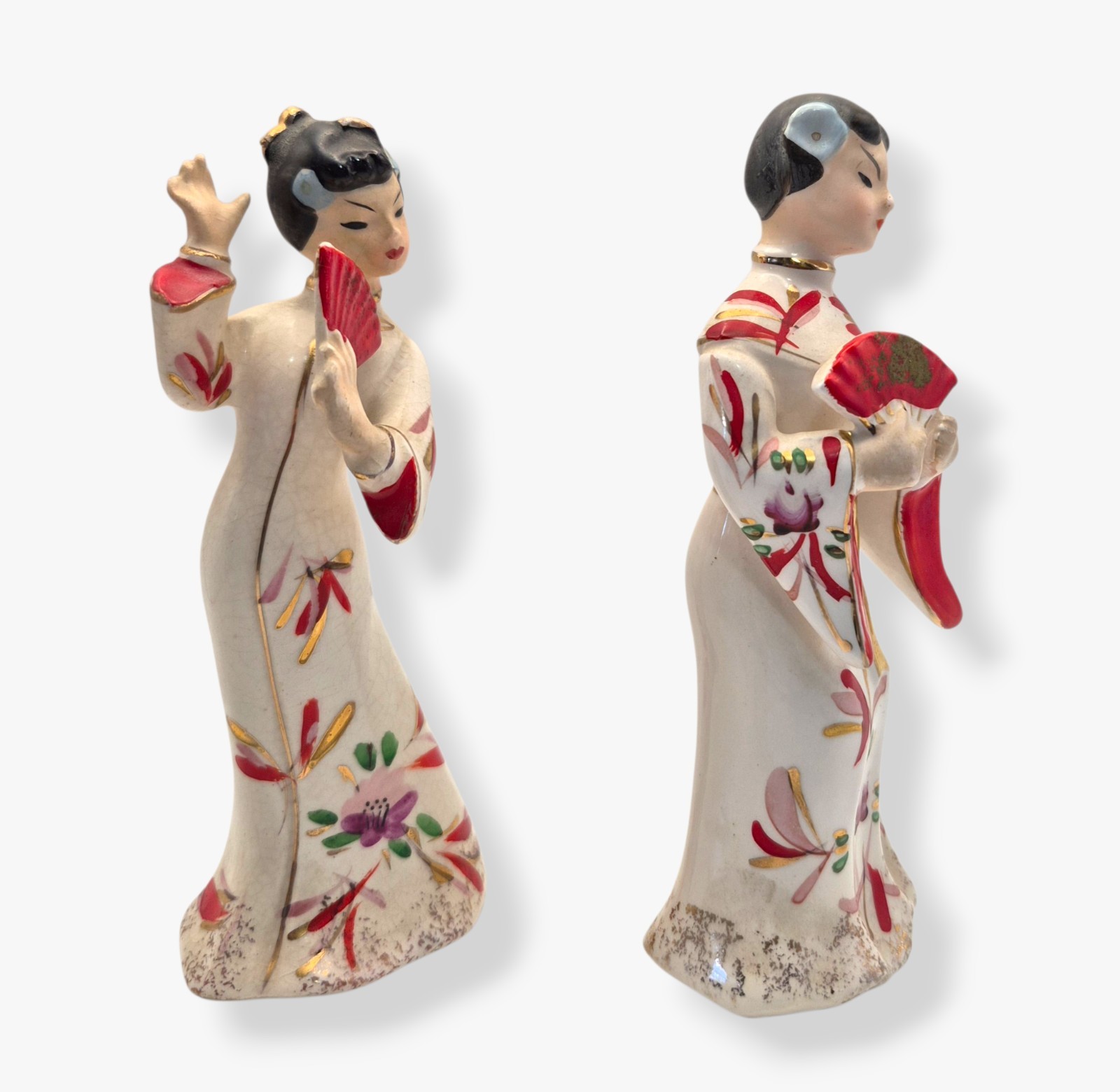 Vintage Japan Geisha Figurines Pair Porcelain Asian Ladies Fans Floral Kimono 6″