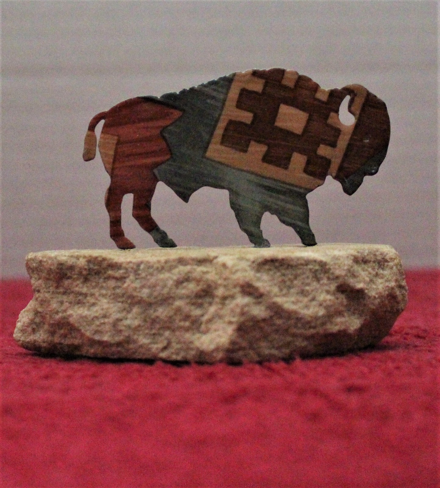Metal Lazar Buffalo Full Body Figurine on Stone Slab Geometric Painted Motif EUC