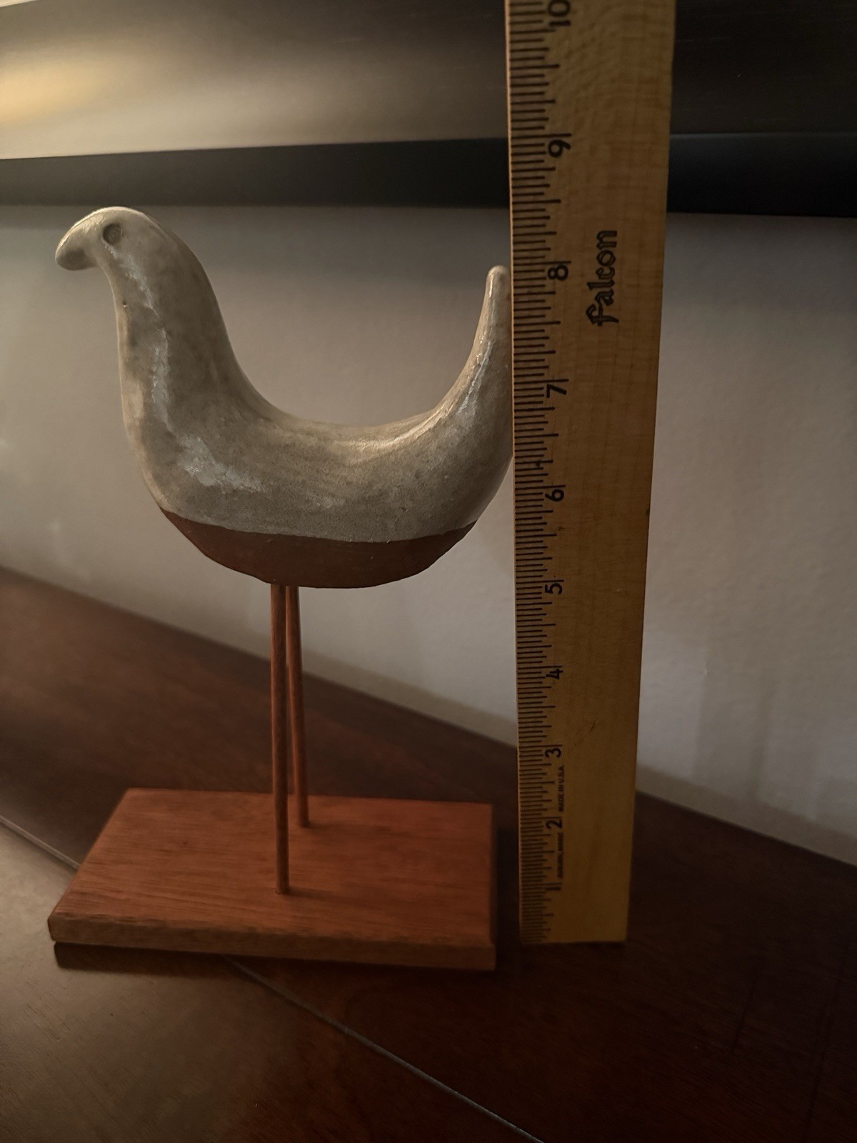 Handmade Ceramic and Wood Bird Figurine, Gray Brown, Hand Painted, 9″ Tall