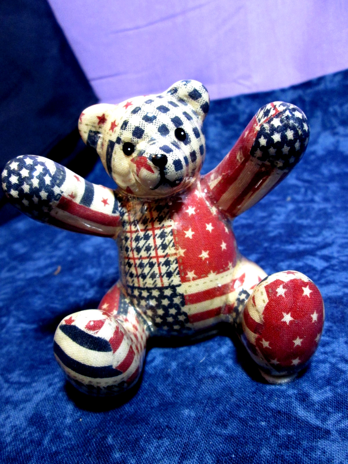 Ceramic / Glazed Teddy Bear -Blue/Red/Tan -Stars & Checks Patchwork Art Design