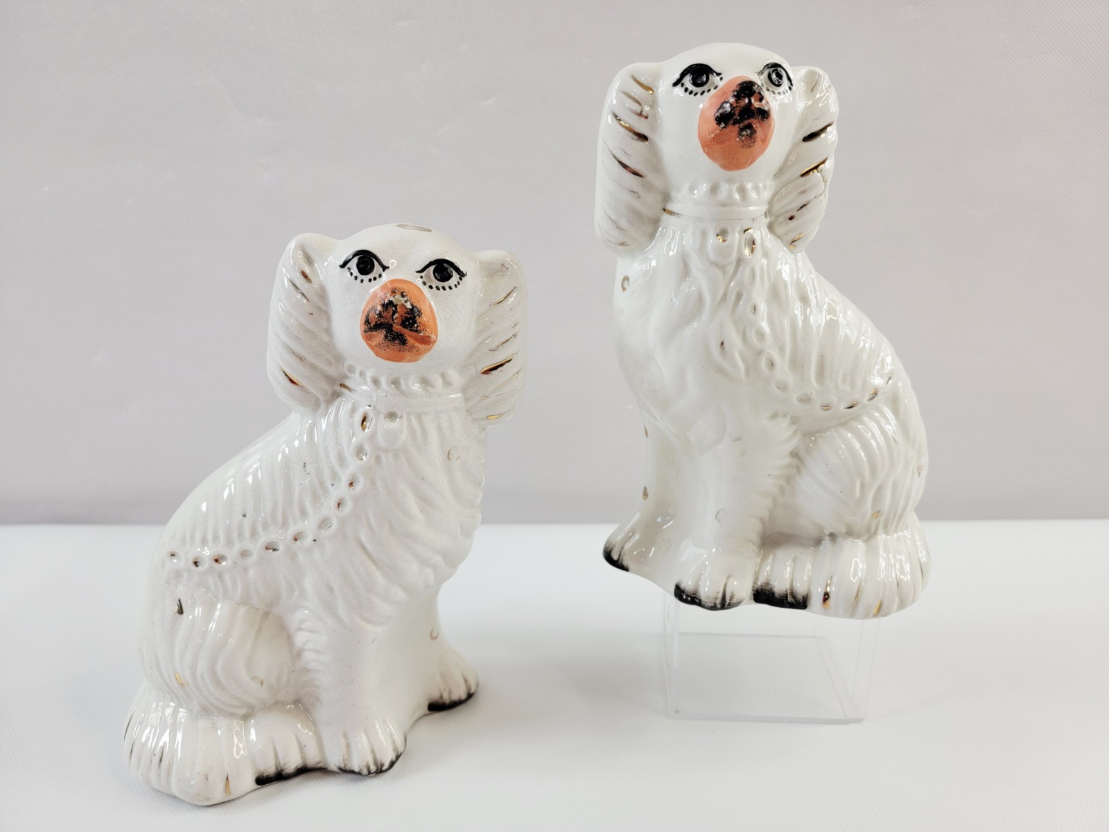 Pair Staffordshire 8″ White Spaniel Dog w/ Black & Gold Accents Orange Nose