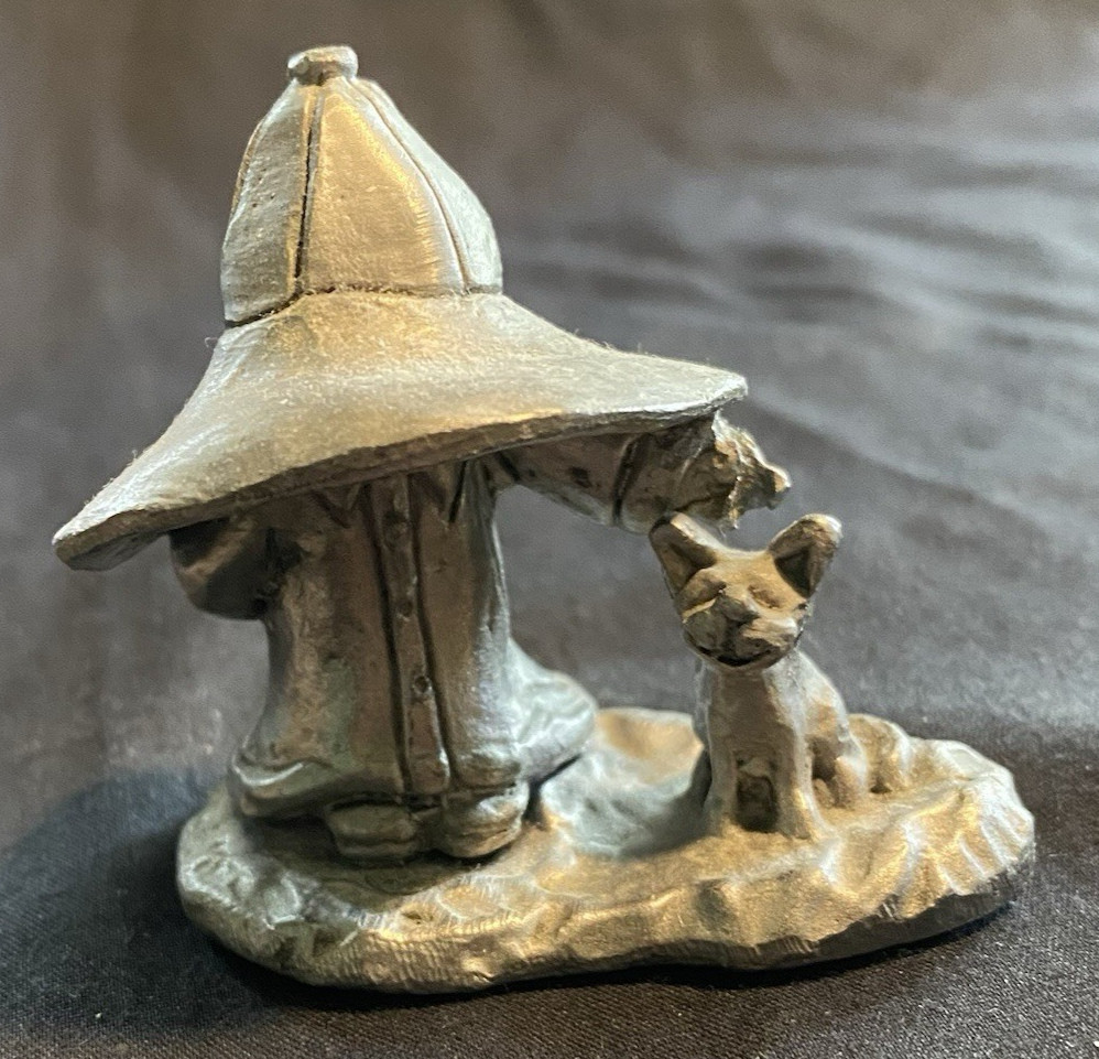 Michael Ricker Pewter Boy Raincoat Hat Umbrella Kitty Cat Miniature Art Figurine