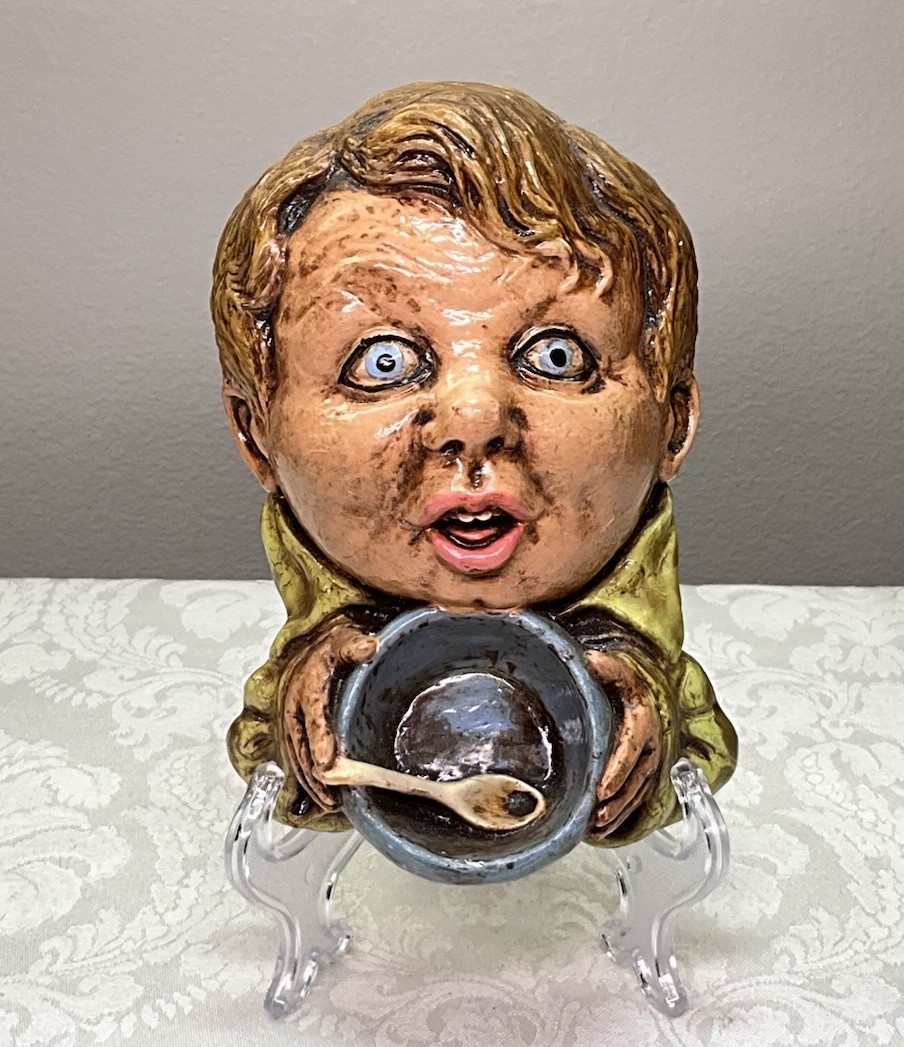 Vintage 1960’s Chalkware Plaster Craft Wall Head Oliver Twist w Begging Bowl