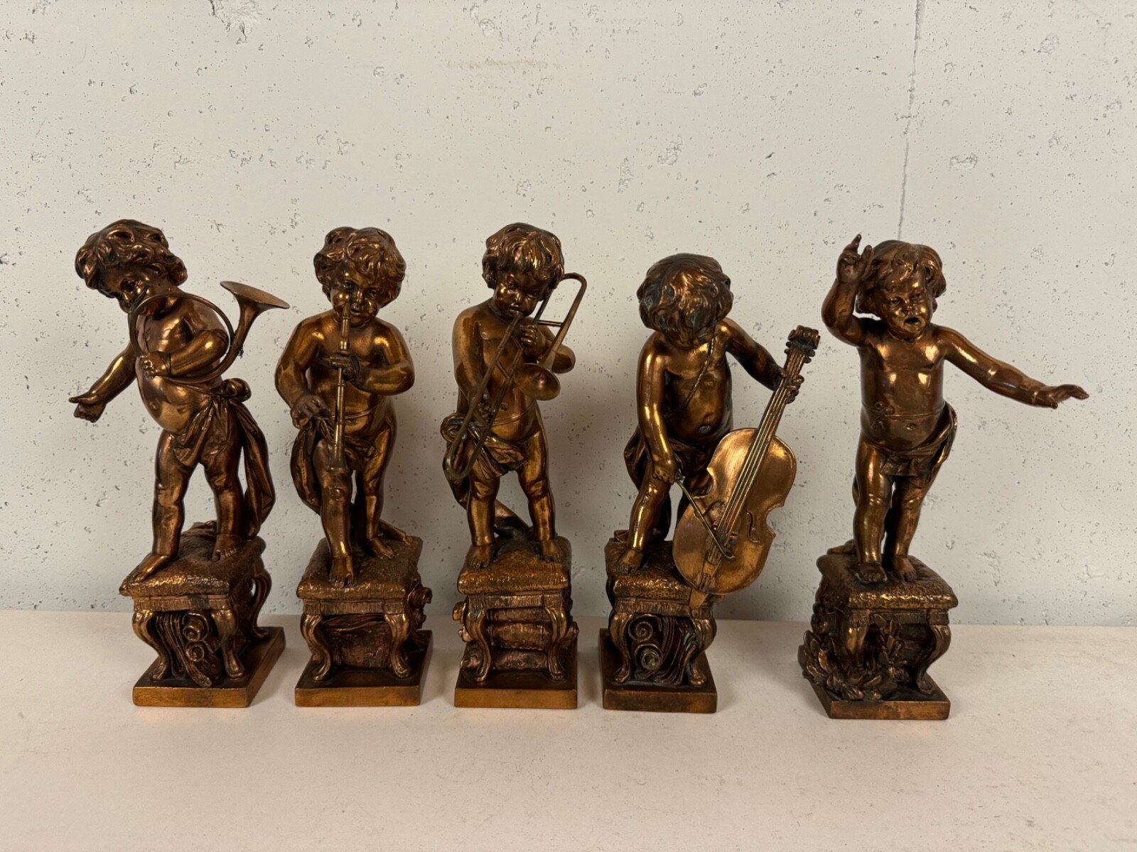 Vintage Copper Clad Composition Group of 5 Cherub Musicans & Conductor Figures
