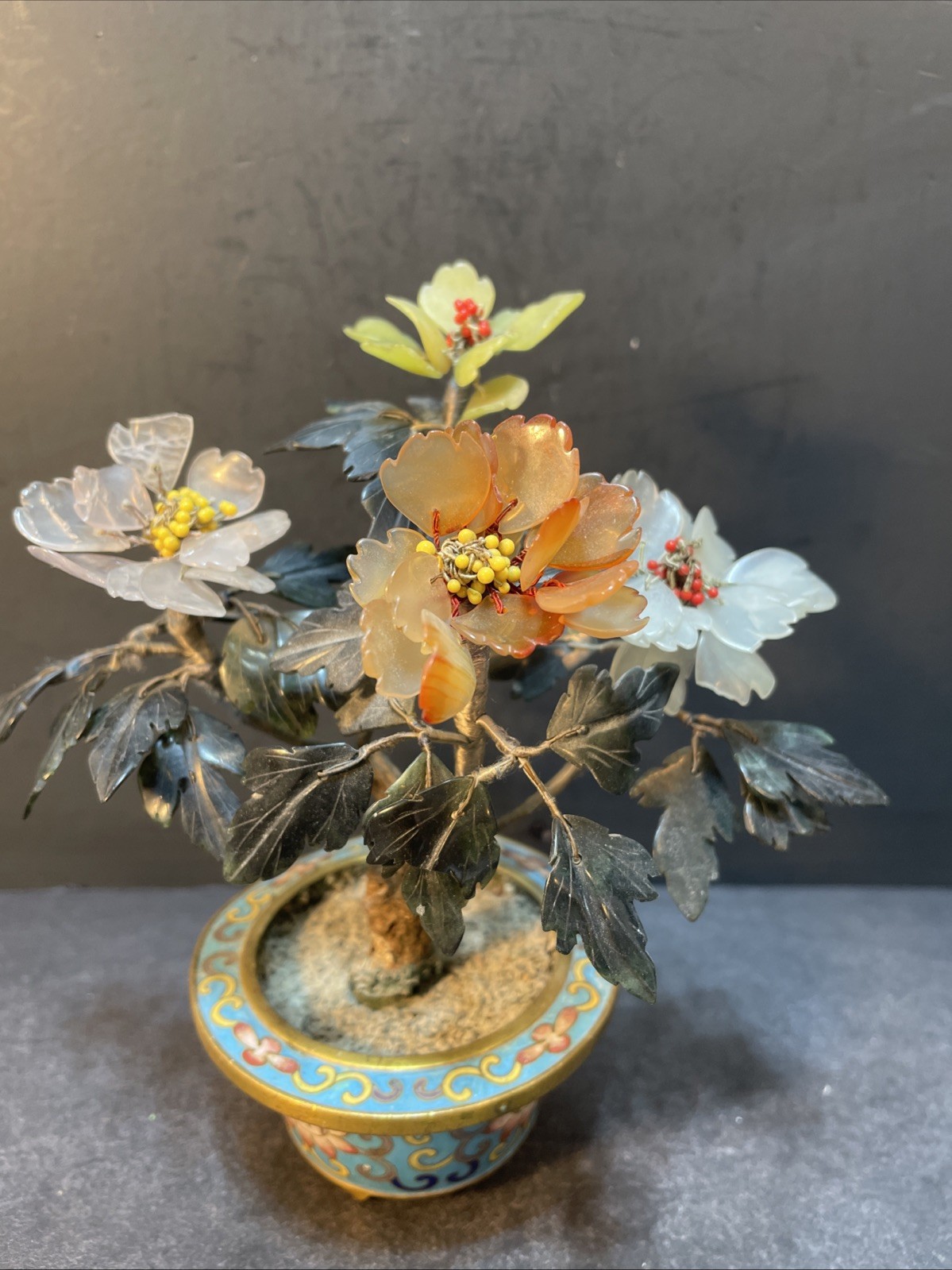 Antique Chinese Jade Hardstone Flowers Tree Cloisonne Planter Pot Miniature