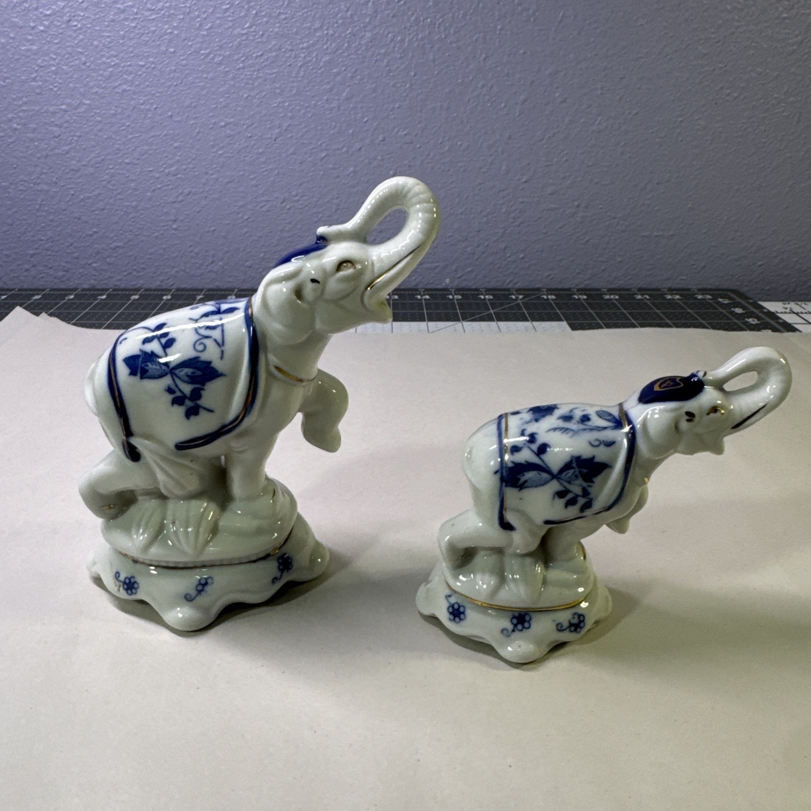 Porcelain White and Blue Pattern Elephants Oriental Asian Style 2 sizes set.