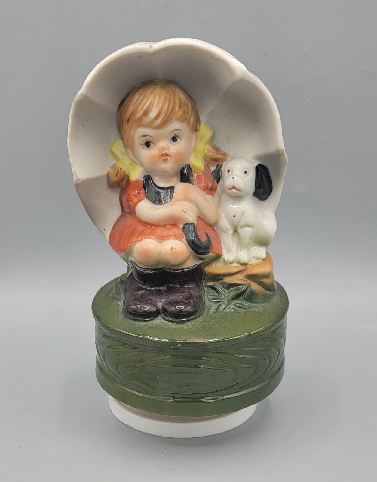Vintage Ceramic Rotating Music Box Sitting Little Girl Pigtails Umbrella Dog