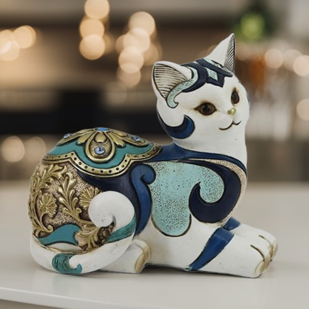 6″H White and Blue Semi Loaf Cat Figurine Ornament Home Decor Unique Gift