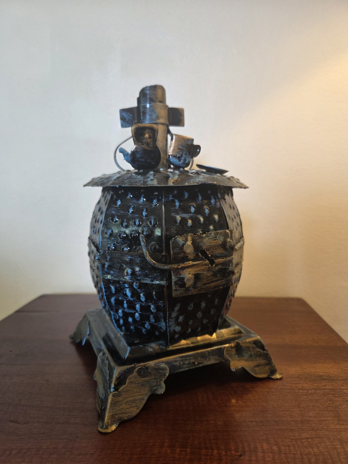 Vintage Folk Art Handmade Metal Pot Belly Stove Coin Bank 70s Cottagecore