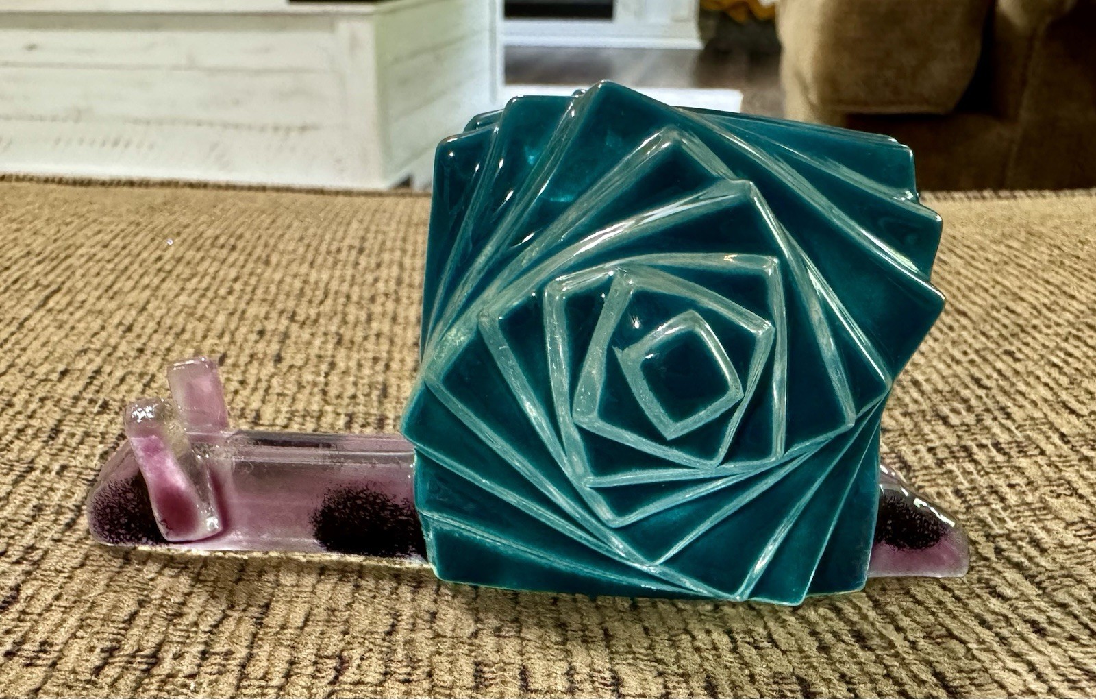 Fused Glass Snail With A Fused Glass Rosette Body Teal Color. Approx 4.5 Inches