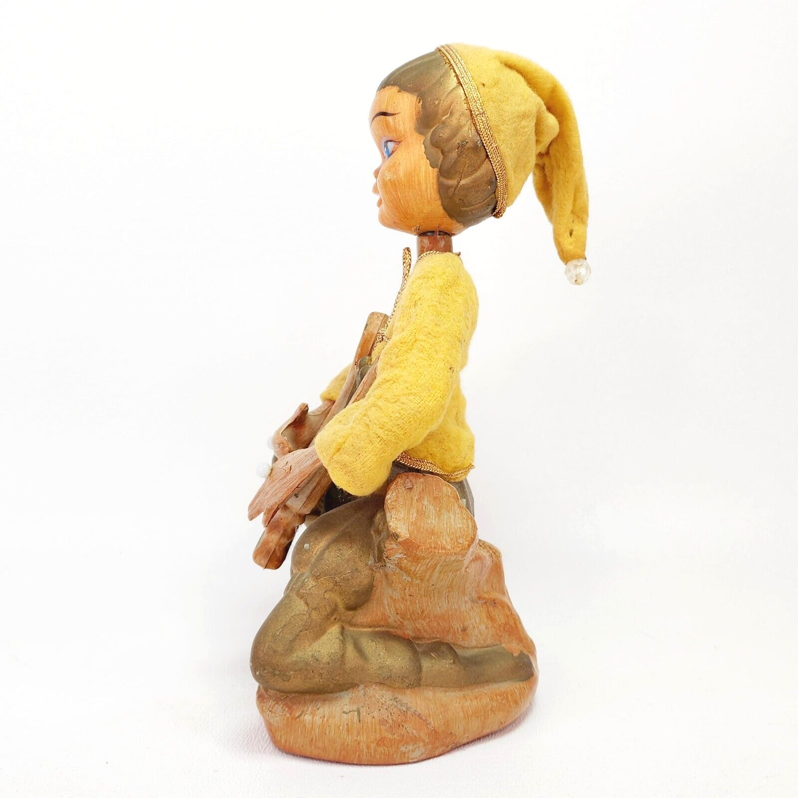 Vintage Golden Fantasy Pixie Elf Playing Lyre 7.5″ Plastic Figure