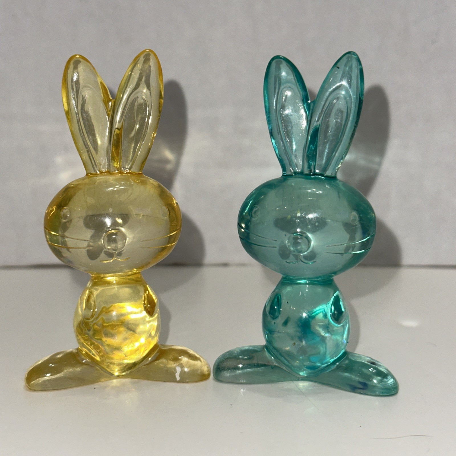 Lot Of 2 Clear Yellow and Blue Lucite Acrylic Bunny Rabbit Figurines