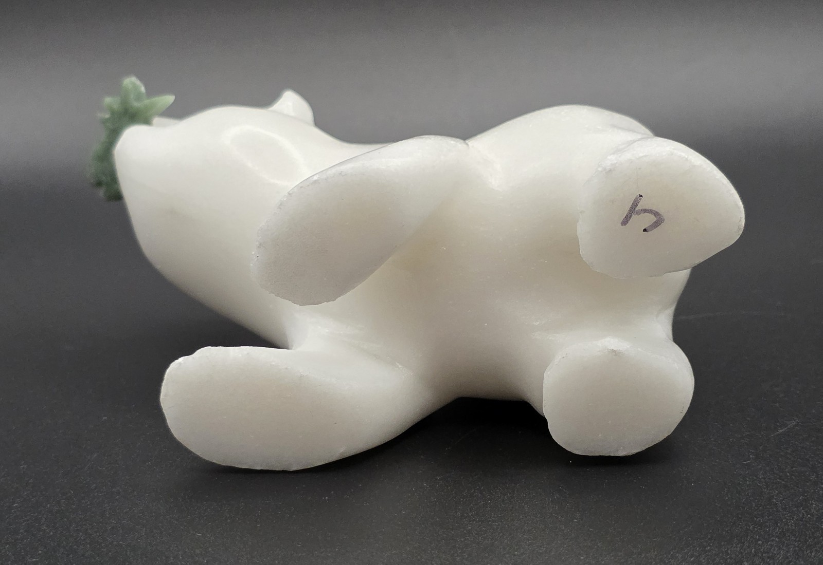 Vintage Carved White Quartz Polar Bear Figurine Green Jade Fish Sculpture Signed