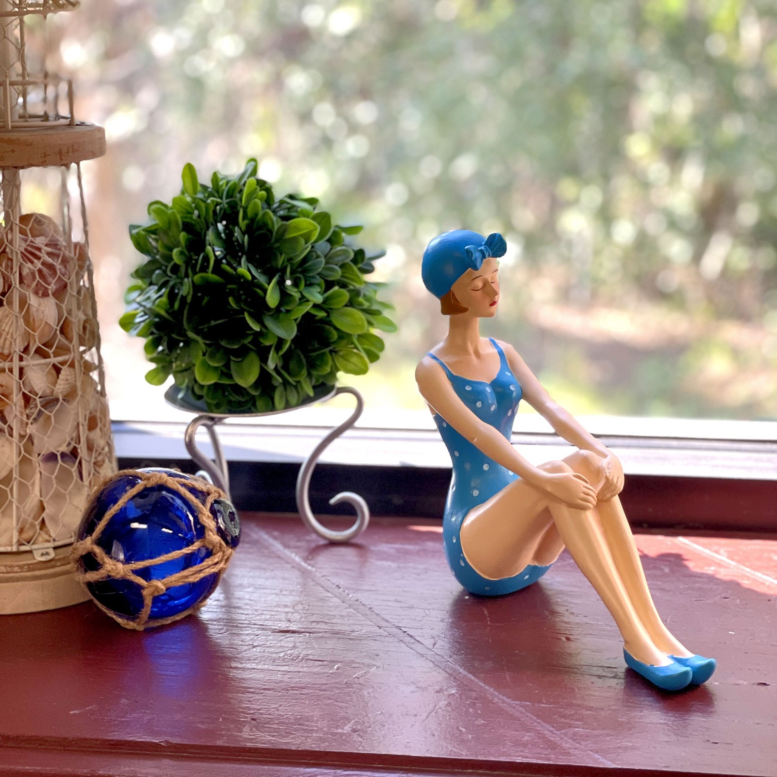 Retro Beach Beauty Sunbathing Figurine Aegean Blue Polka Dot Pinup 7.5 inch