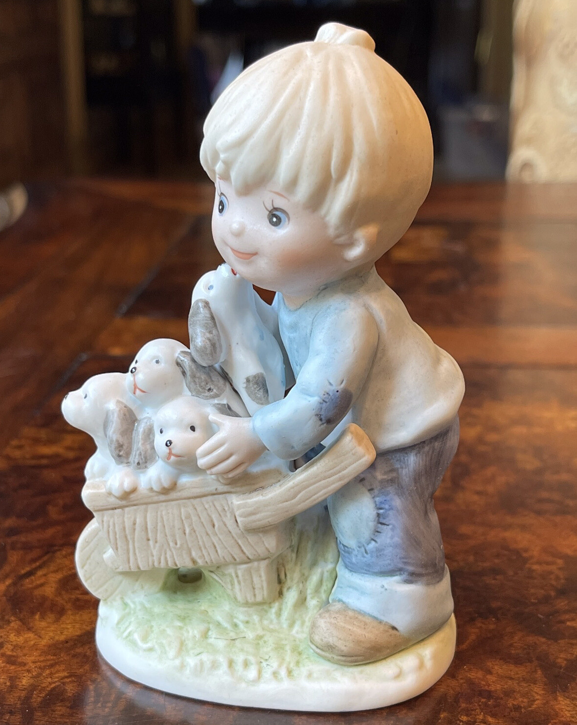 Vintage Homco #1402 Porcelain 4.75 Inch Blonde Boy Wheelbarrow Full Of Puppies