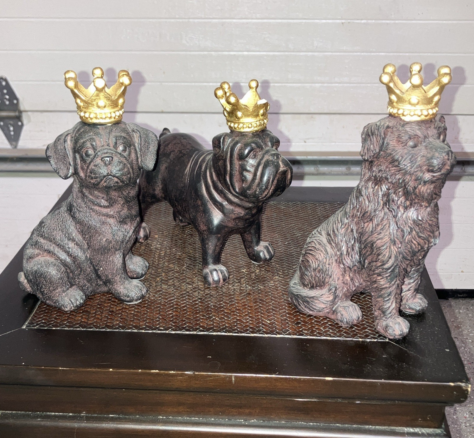 Dog Figurines Set of 3, Resin, Black & Gold Painted, 3D Effect Crown Hats