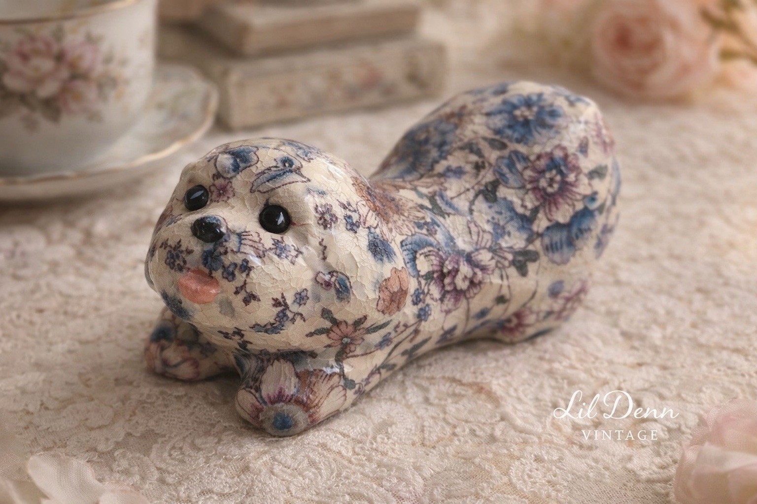 Vintage Fabric Covered Porcelain Dog Figurine Floral Cottage