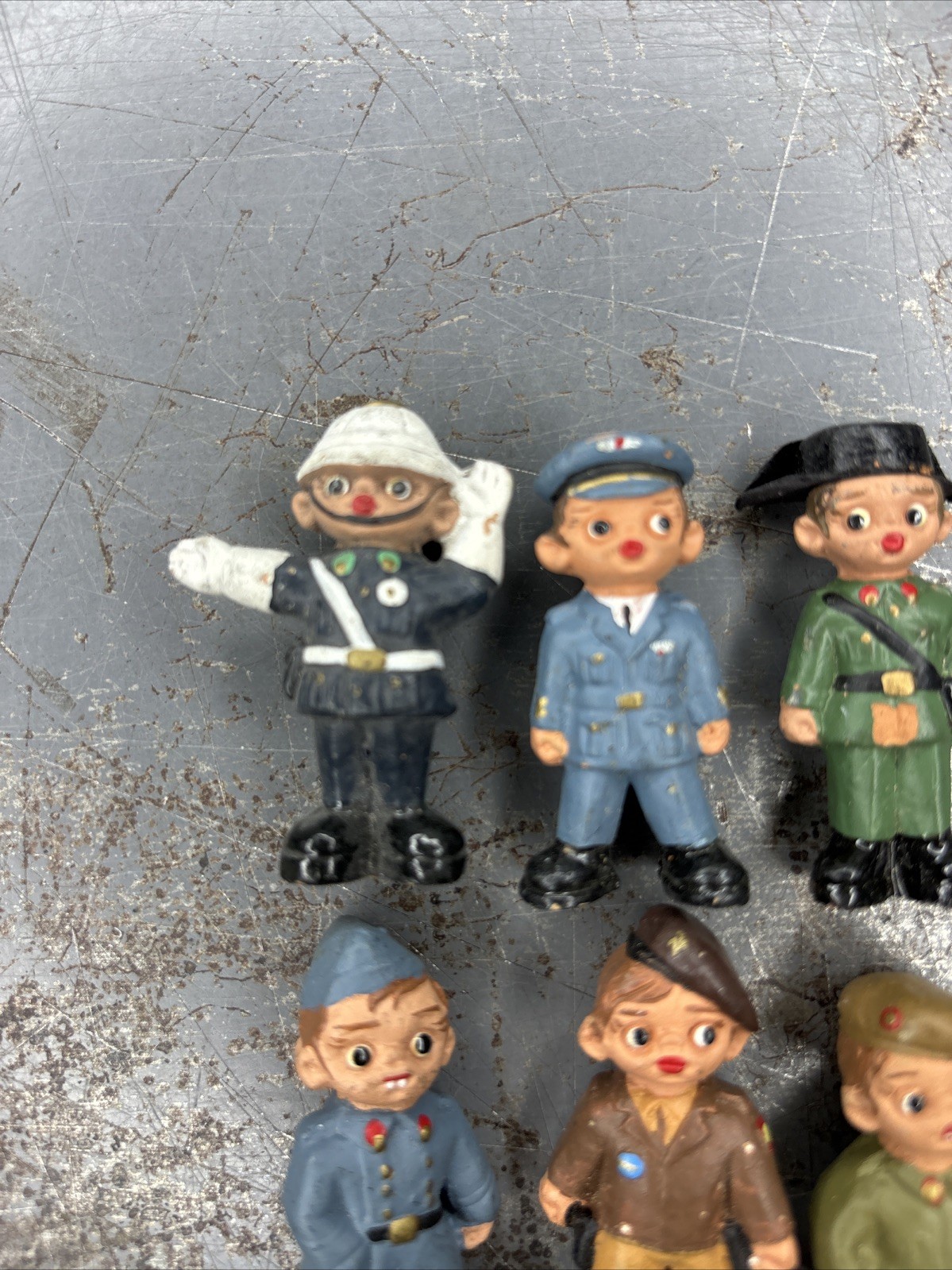 Lot 6 Vintage Spanish Mud People Mini Clay Figurines 2″ Hand Painted Navy Police