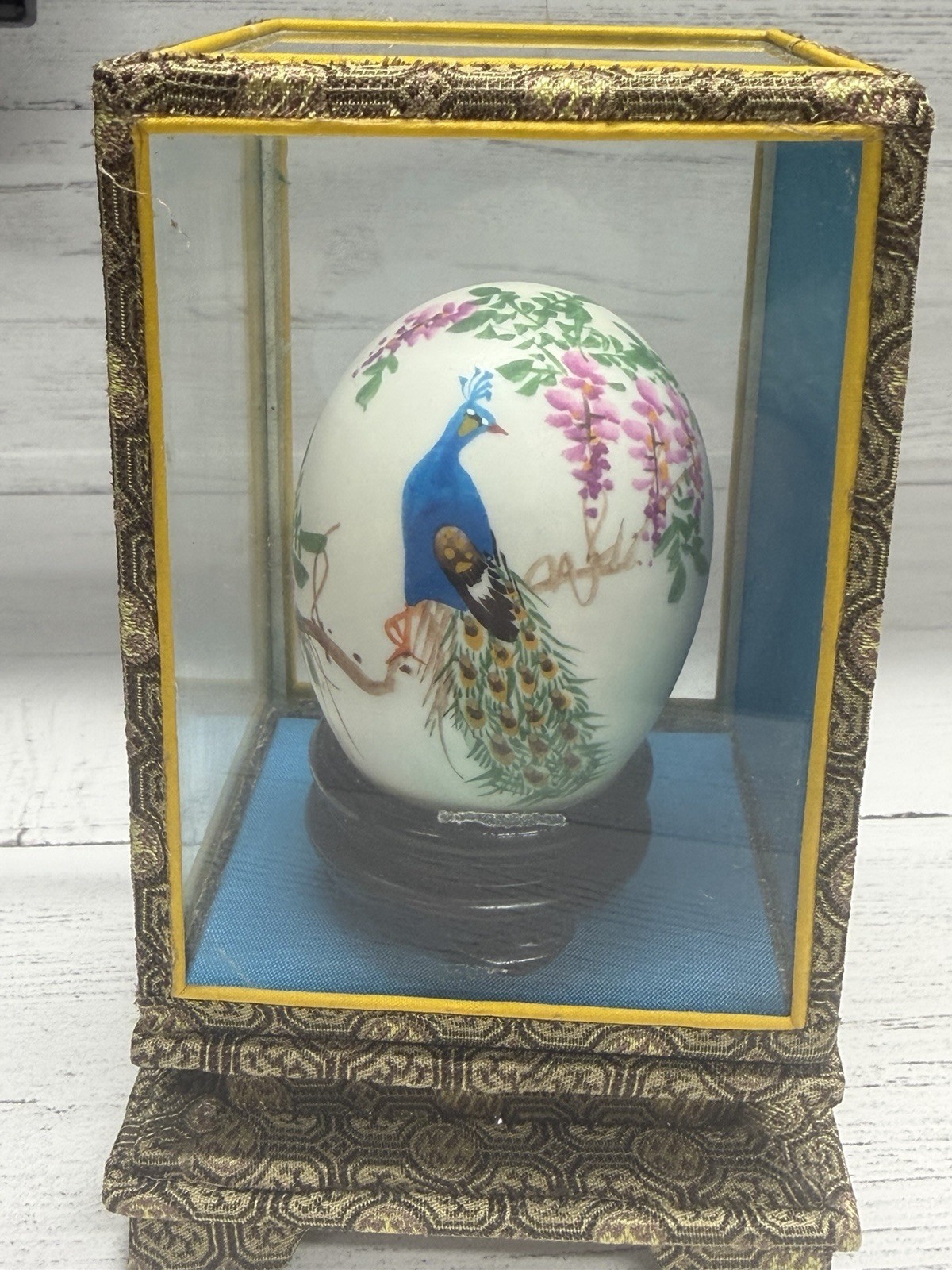 Vintage Hand Painted Egg – Peacock – Birds and Flowers With Display Case