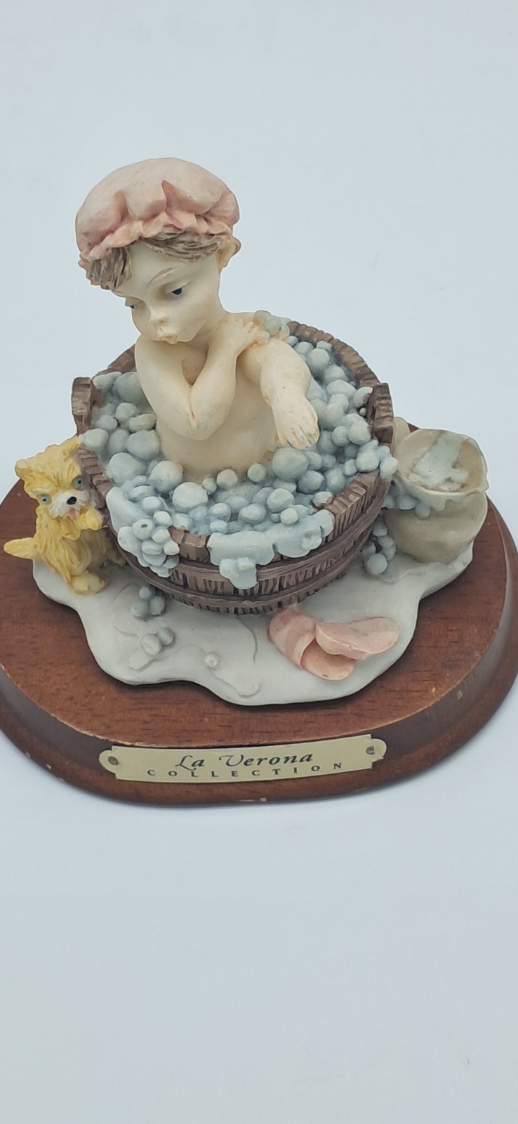 La Verona Collection Bath Time Ceramic Figurine on Wood Base